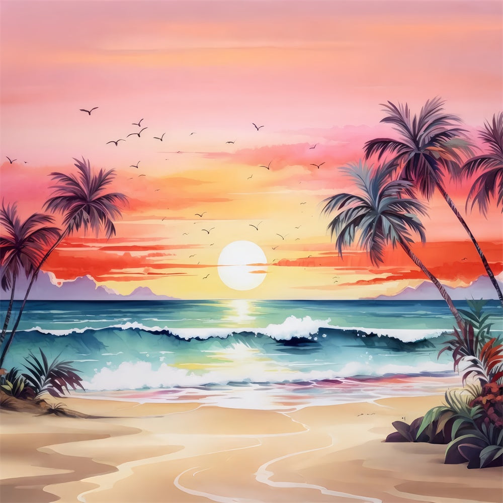 Toile de fond de Plage Été Coucher de Soleil Arbre Vague Océan GTY3-388