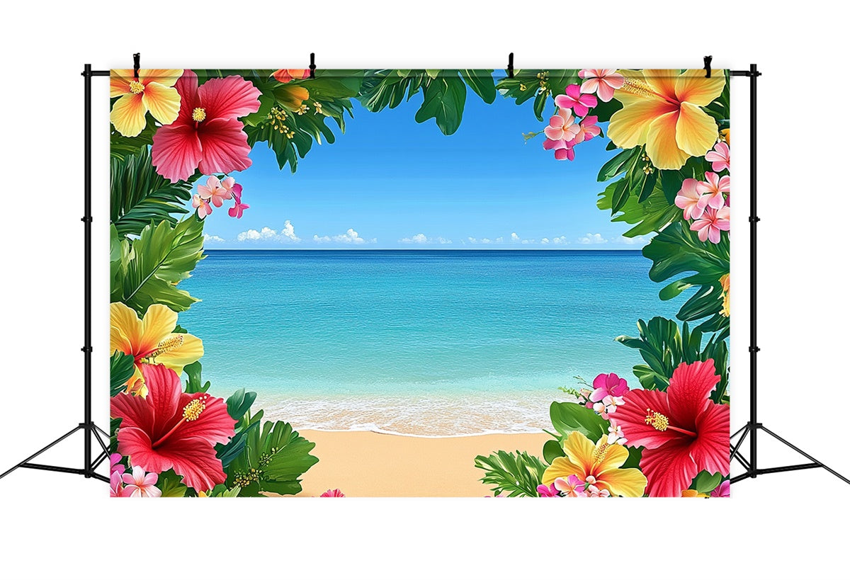 Toile de fond de Plage Été Ciel Bleu Océan Fleur GTY3-399