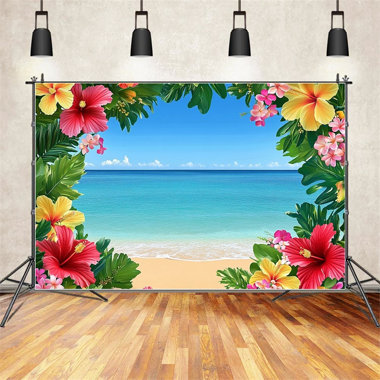 Toile de fond de Plage Été Ciel Bleu Océan Fleur GTY3-399
