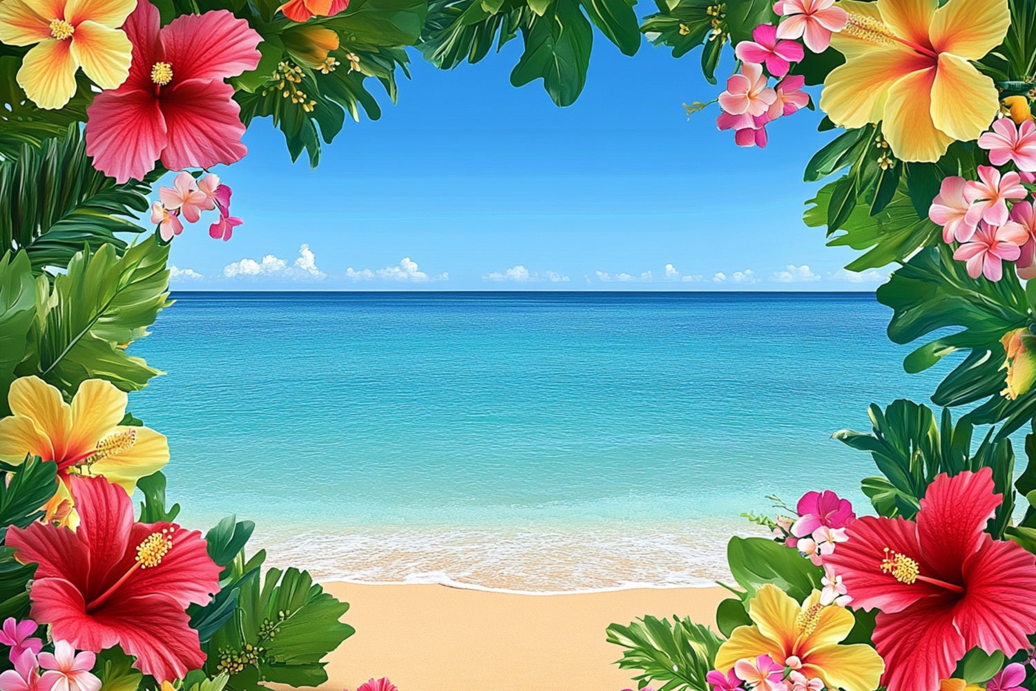 Toile de fond de Plage Été Ciel Bleu Océan Fleur GTY3-399