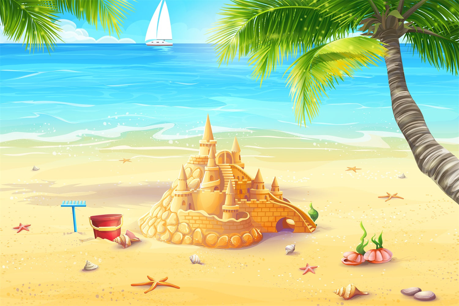 Toile de fond Océan Ciel Château de Sable Doré Plage Ensoleillée LXX1-309