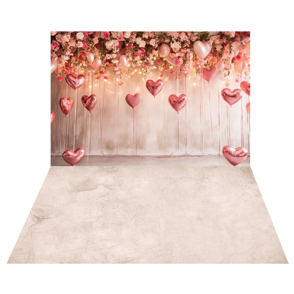 Toile de fond Cœur Floral Ballons Saint-Valentin + Fond Sol en Béton Texturé LXX2-10