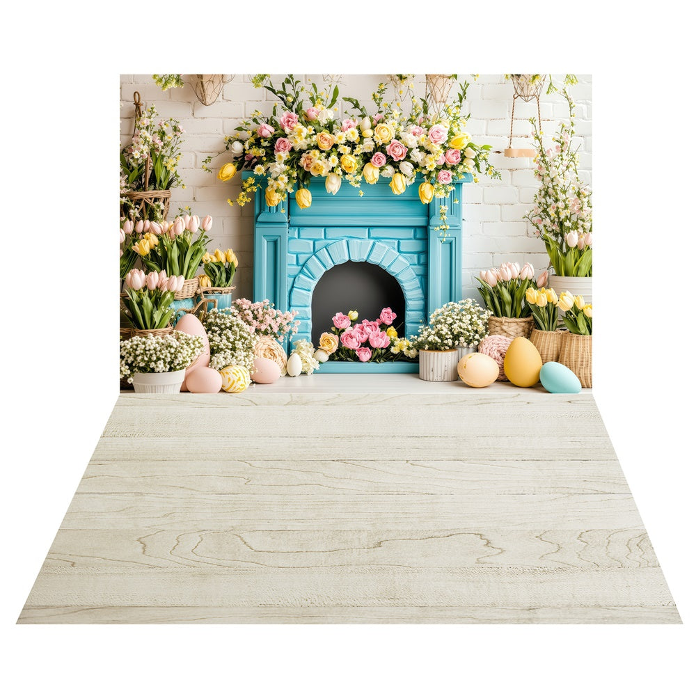 Toile de fond Cheminée Florale Pâques + Fond Sol en Bois Vintage LXX2-16