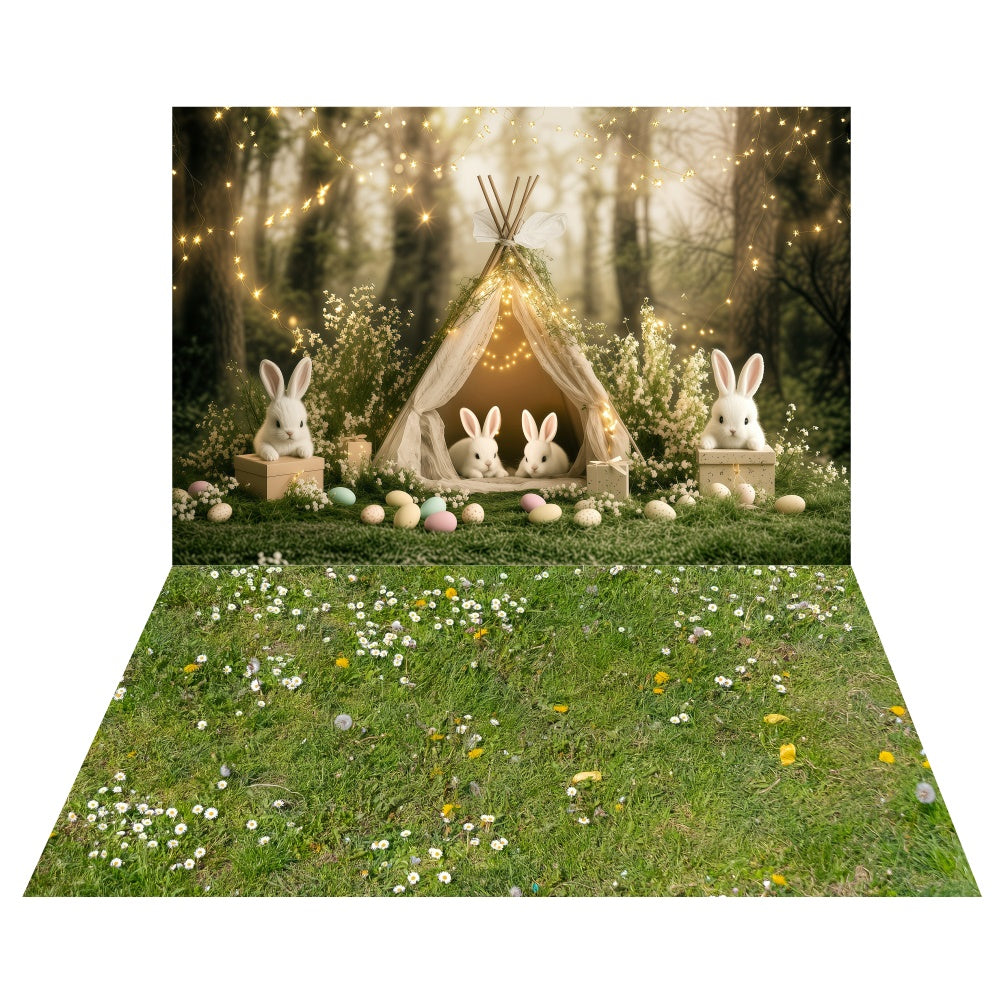 Toile de fond Tente Lapin Mignon Pâques + Fond Sol Prairie Verte LXX2-17