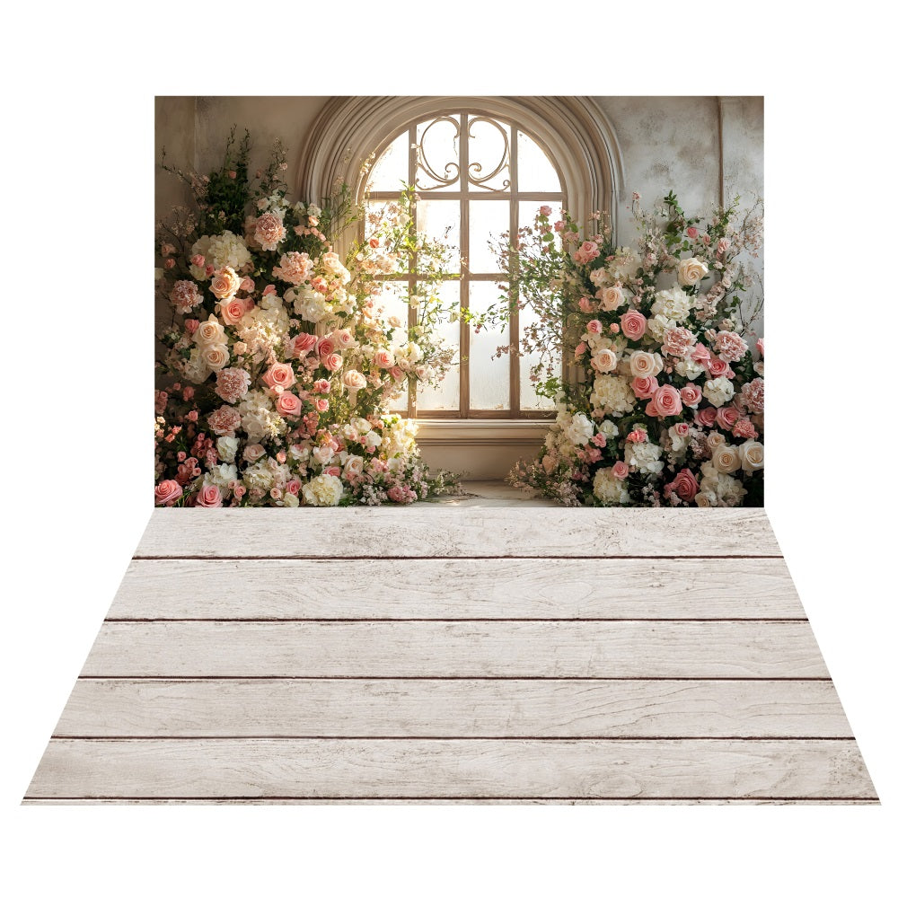 Toile de fond Fenêtre Florale Vintage + Sol en Bois Blanchi LXX2-178