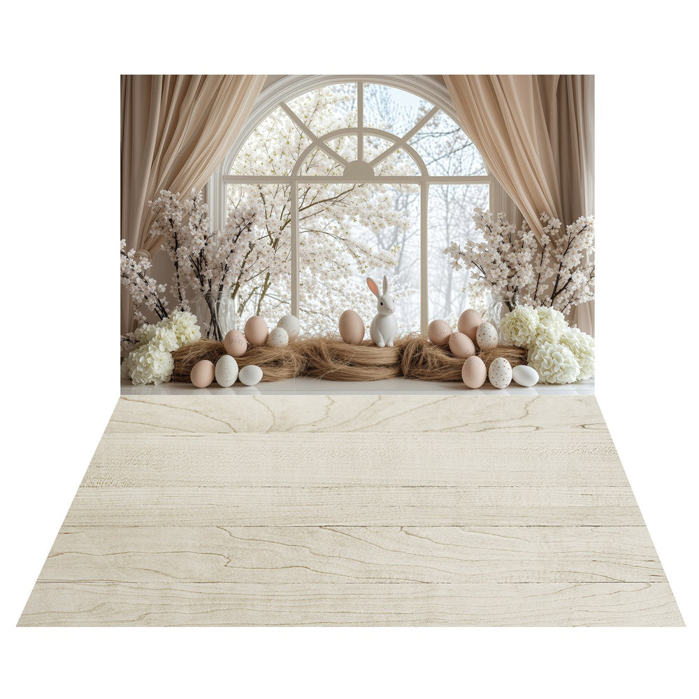 Toile de fond Fenêtre Lapin Élégant Pâques + Fond Sol en Bois Clair LXX2-18
