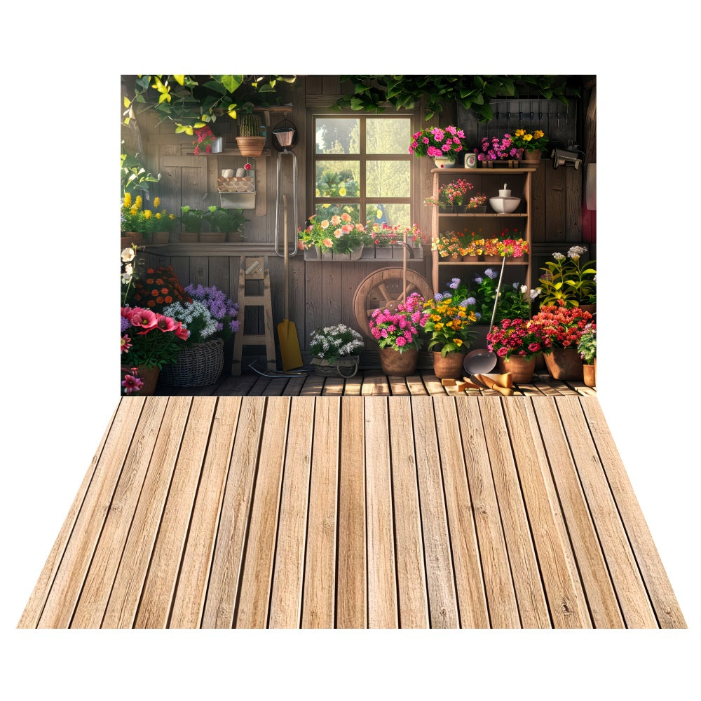 Toile de fond Abri à Fleurs Rustique + Sol en Bois Vieilli LXX2-191