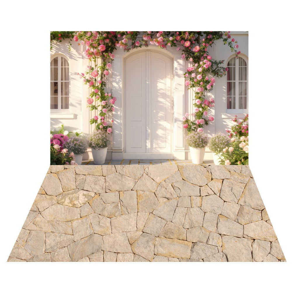 Toile de fond Entrée Cottage Fleuri + Sol Sentier en Pierre Claire LXX2-193