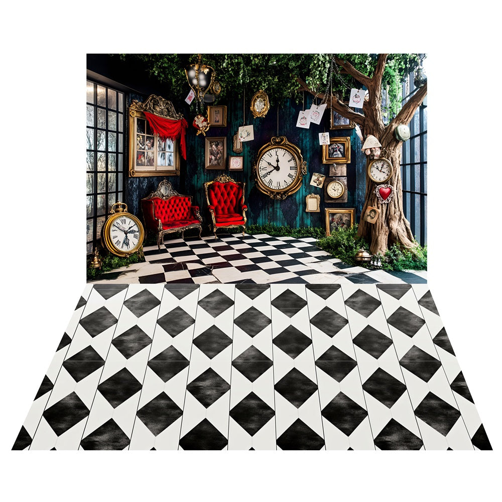 Toile de fond Salle de l’Horloge Fantaisie + Sol Carrelage Noir et Blanc LXX2-209