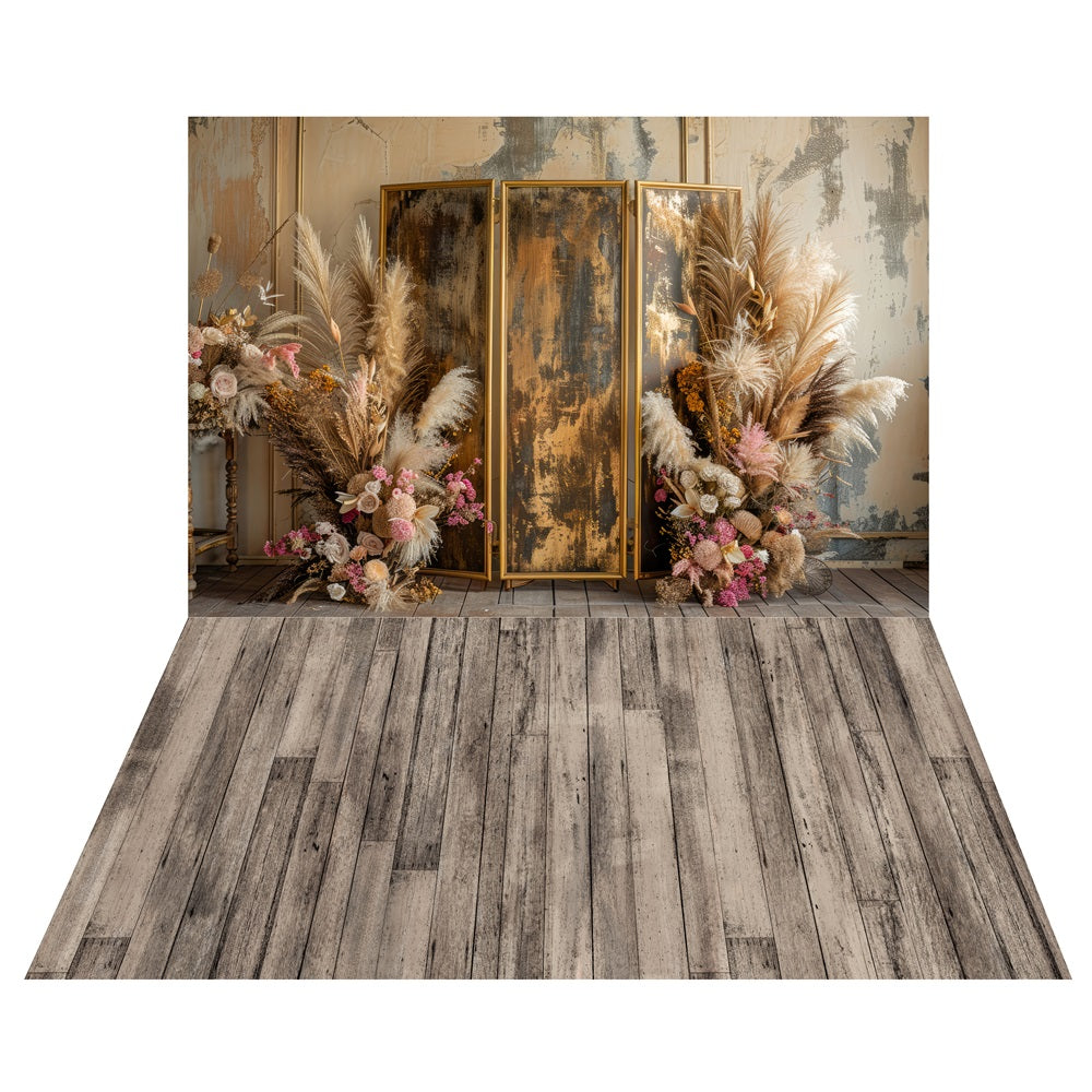 Toile de fond Paravent Fleurs Séchées Bohème + Sol en Bois Vieilli LXX2-213
