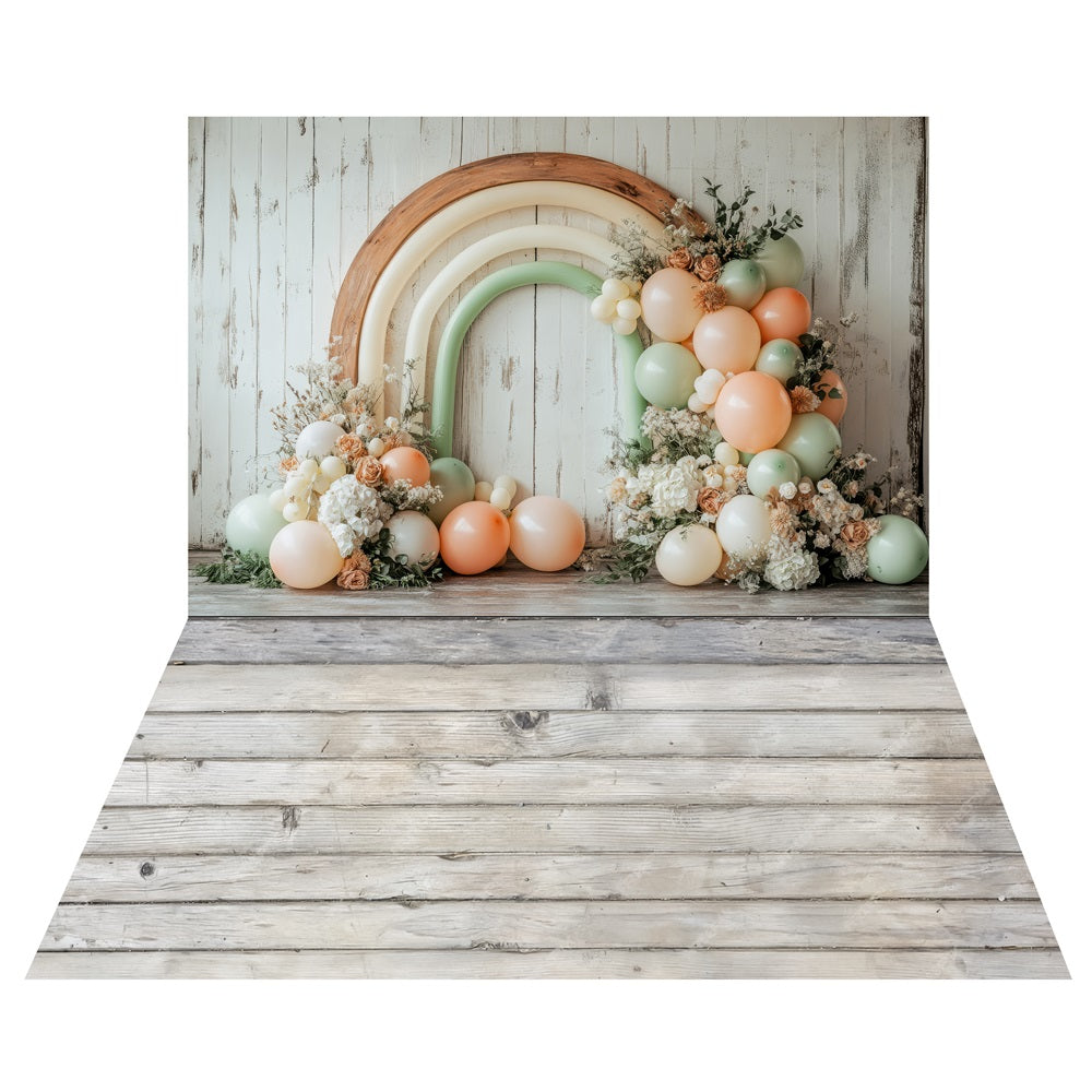 Toile de fond Ballons Arc-en-Ciel Bohème + Sol en Bois Blanc Vieilli LXX2-214