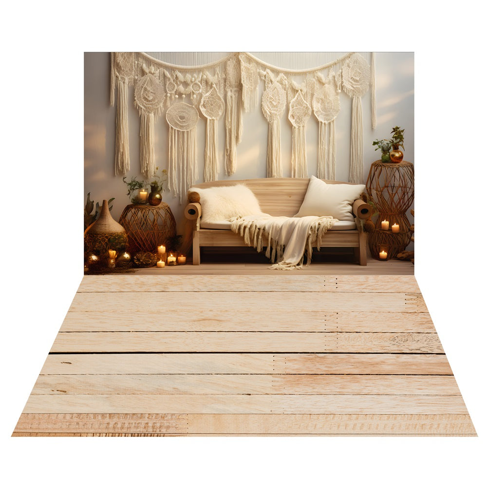 Toile de fond Salon Bohème Douillet + Sol en Bois Blanchi LXX2-219
