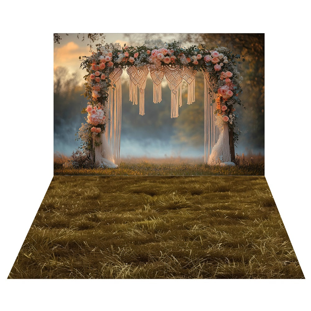 Toile de fond Arche de Mariage Florale Bohème + Sol en Herbe Rustique LXX2-220