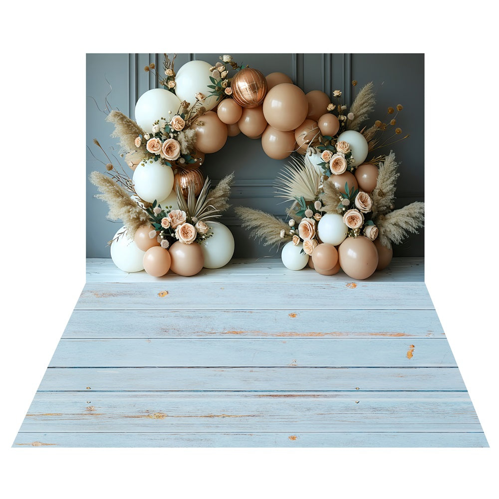 Toile de fond Arche de Ballons Bohème Fleurie + Sol en Bois Bleu Rustique LXX2-222
