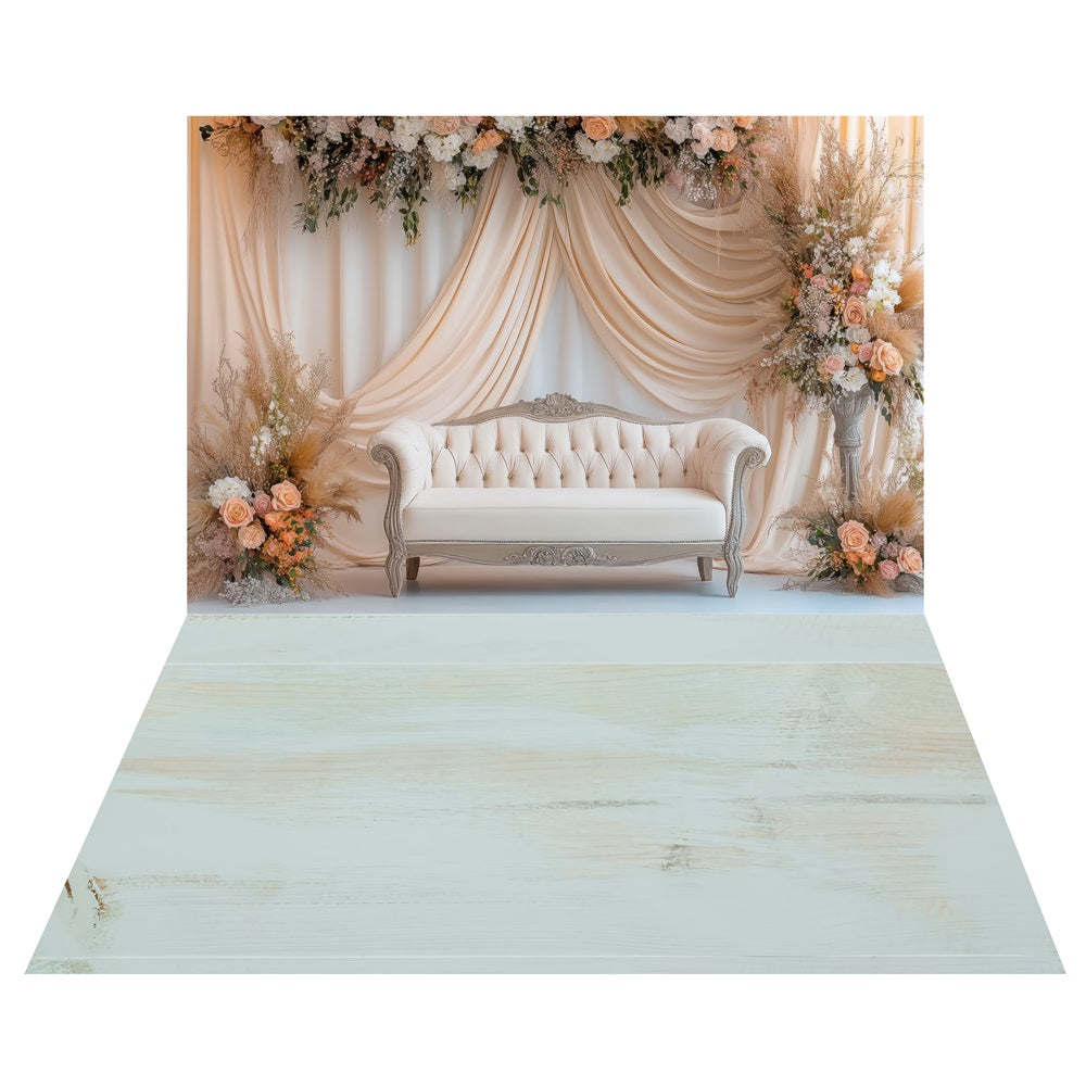 Toile de fond Canapé Drapé de Fleurs + Sol Bleu Rustique Vieilli LXX2-226