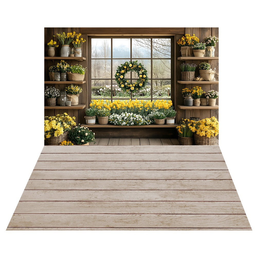 Toile de fond Étagères Bois Fenêtre Fleurie Printemps + Fond Sol en Bois Rustique LXX2-24