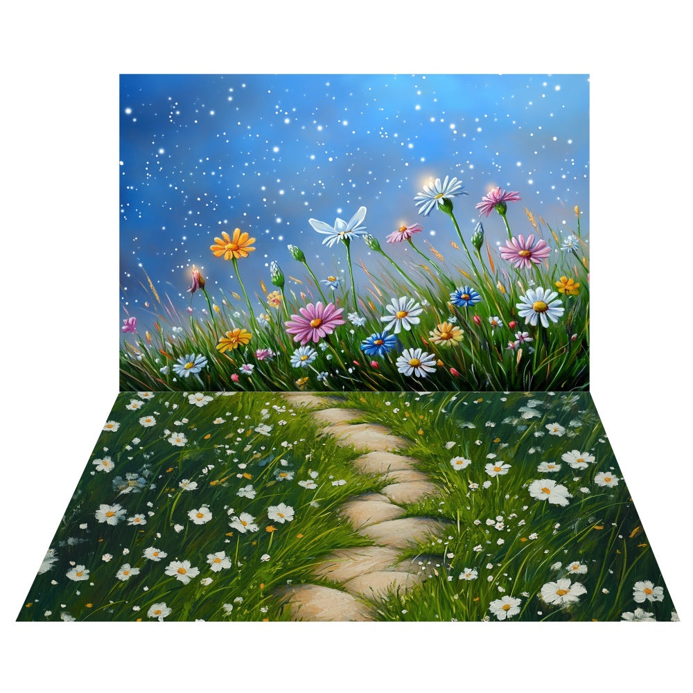 Toile de fond Fleurie Nocturne Étoilée Printemps + Fond Sol Sentier de Fleurs Sauvages LXX2-26