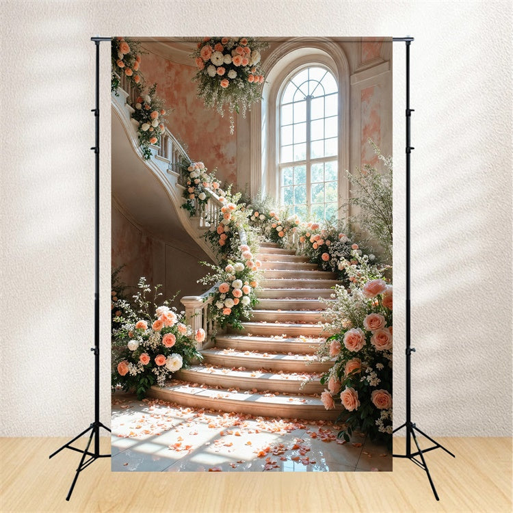 Fond Photo Printemps Escalier de Pétales de Rose Romantique LXX2-60