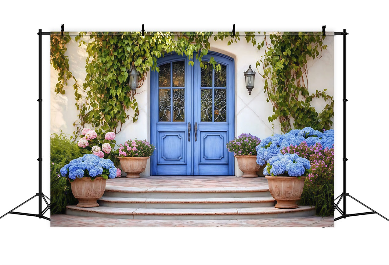 Toile de fond Fête des Mères Porte Bleue et Hortensias LXX3-51
