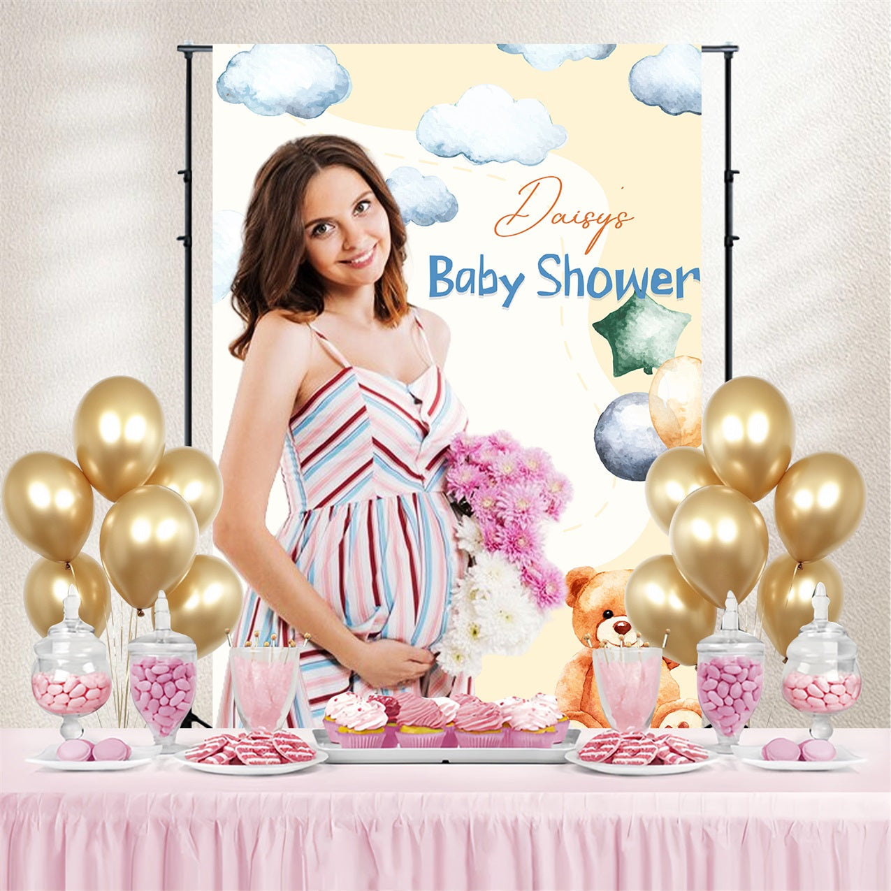 Toile de fond Ourson Baby Shower Ballons Nuages Flottants Personnalisée LXX4-187