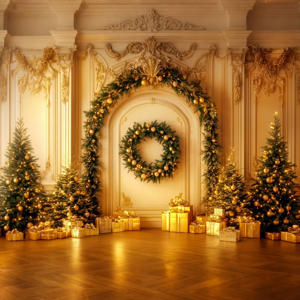 Fond mural vintage de Noël Élégance dorée avec guirlande Fond victorien LXX510-110