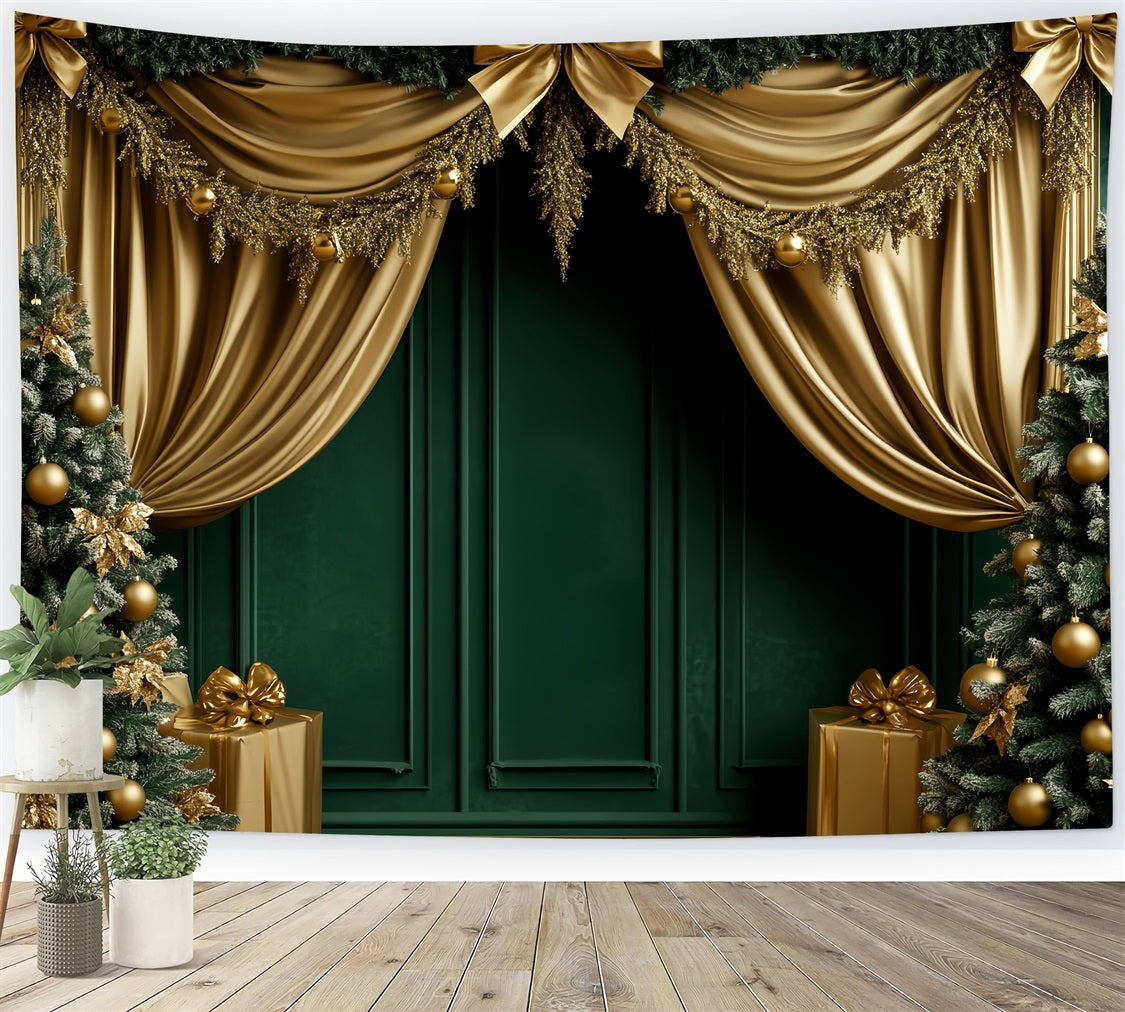 Fonds avec nœuds Rideau festif émeraude et or Fond victorien de Noël LXX510-111