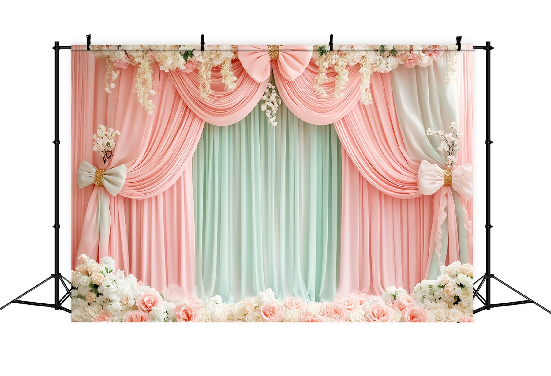 Fond avec nœuds roses Draperie florale menthe blush Fond victorien LXX510-112