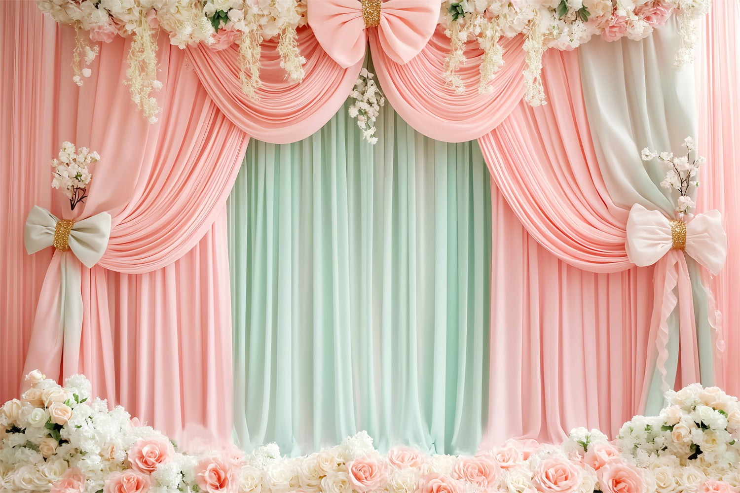 Fond avec nœuds roses Draperie florale menthe blush Fond victorien LXX510-112