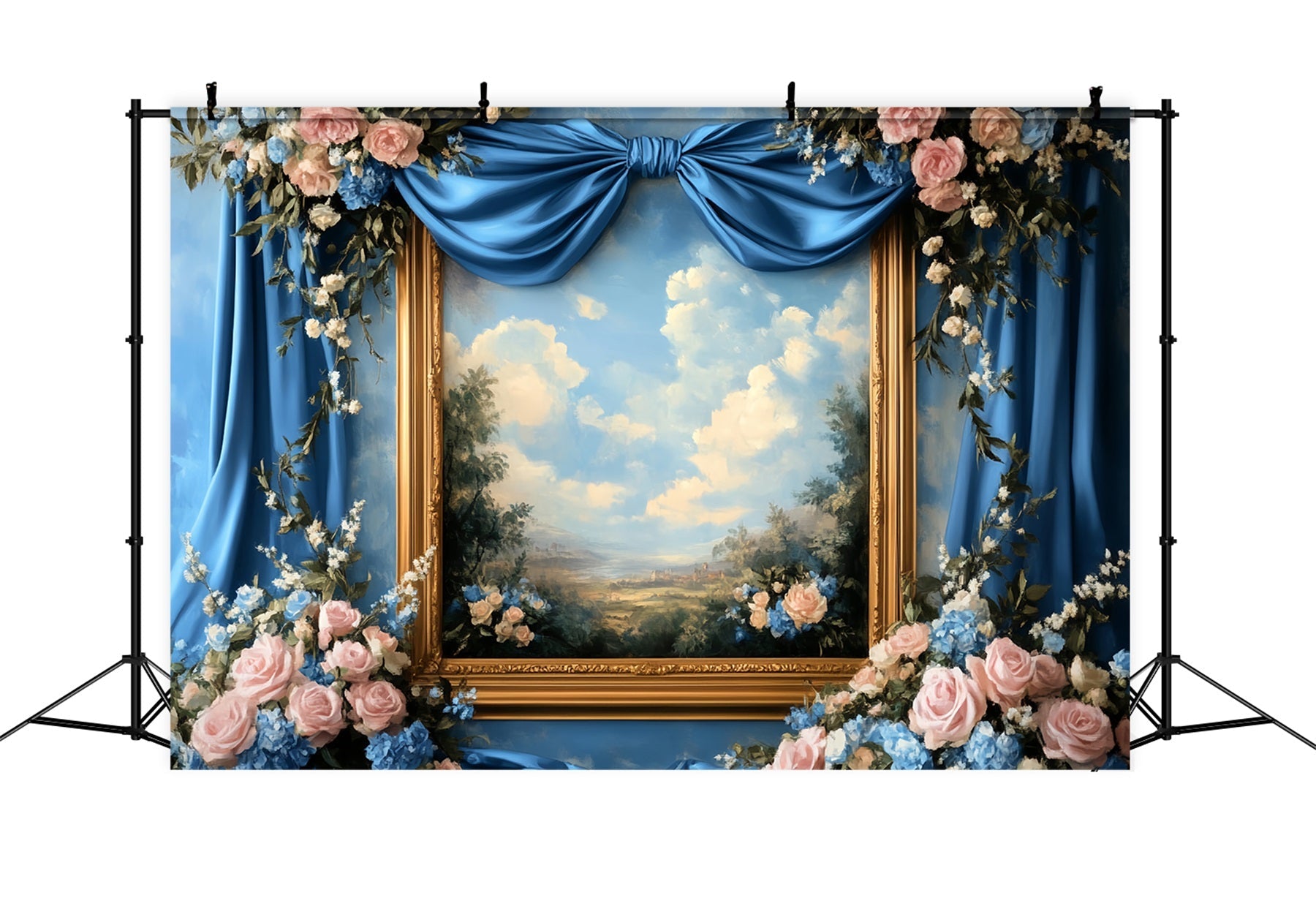 Grand fond avec nœud Cadre bleu à fleurs Fond victorien pour photos LXX510-117