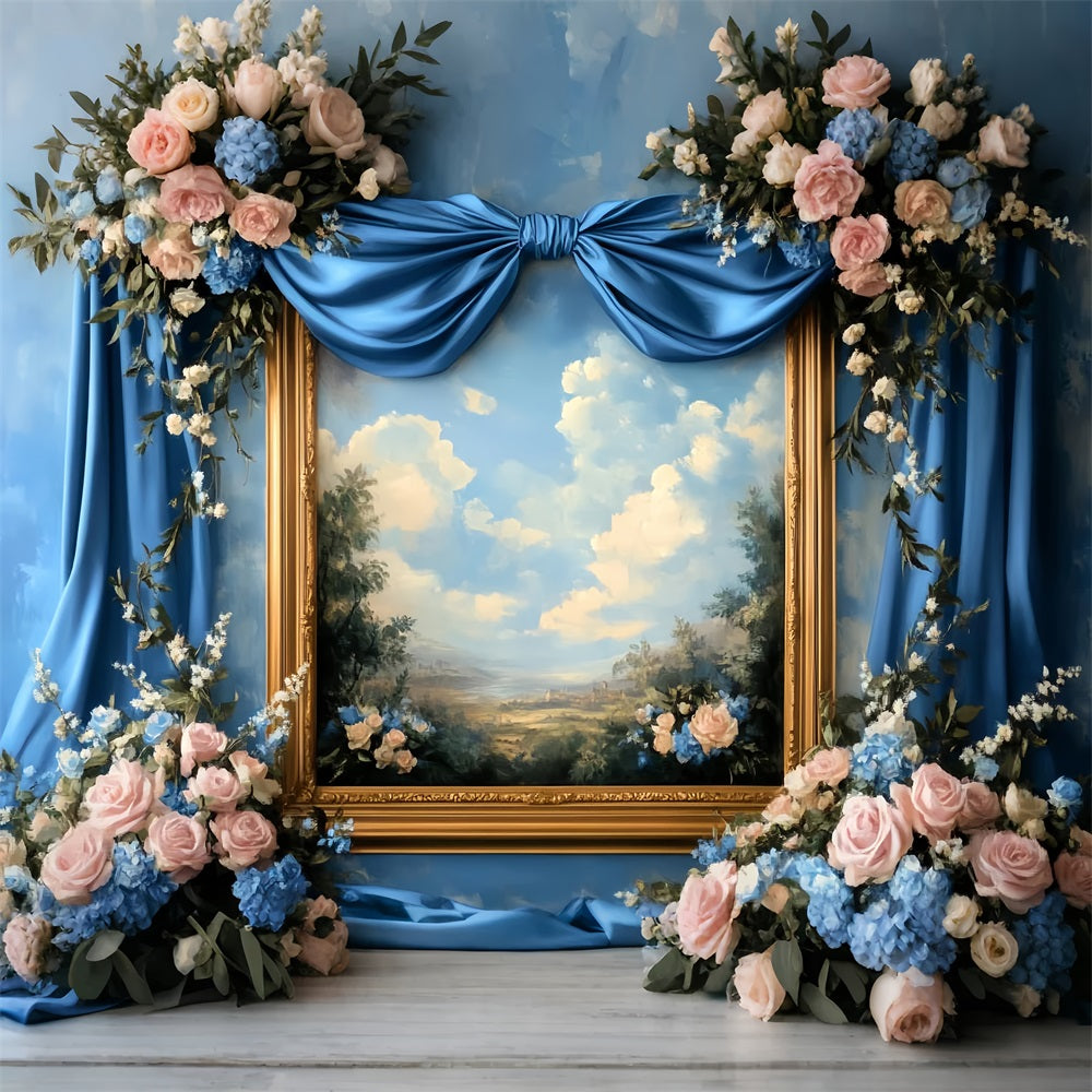 Grand fond avec nœud Cadre bleu à fleurs Fond victorien pour photos LXX510-117
