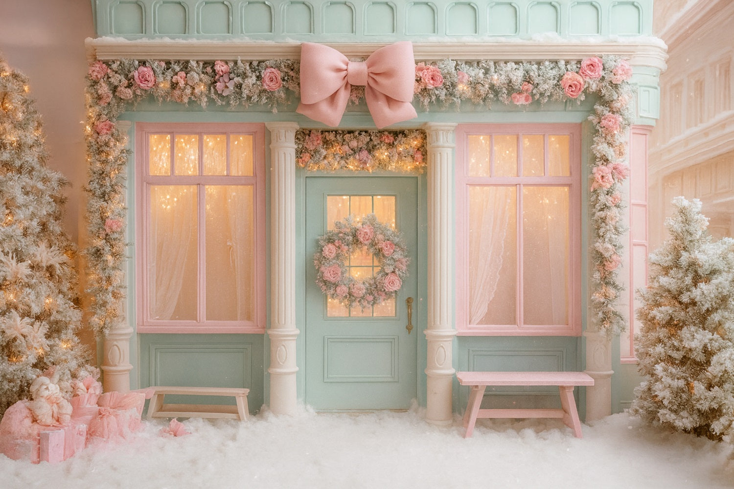 Fond rose avec nœud, boutique hivernale pastel, porte, fond photo de Noël LXX510-138