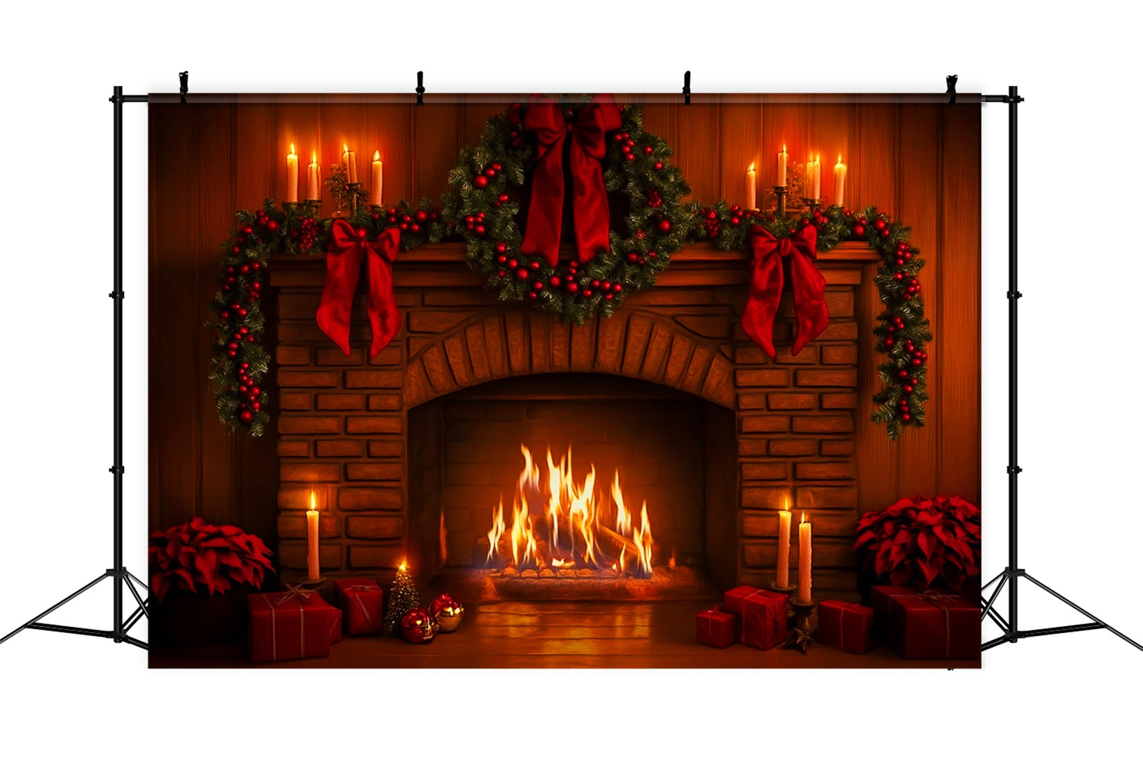 Fond avec nœud rose Guirlande rouge Lueur de cheminée Fond photo de Noël LXX510-140