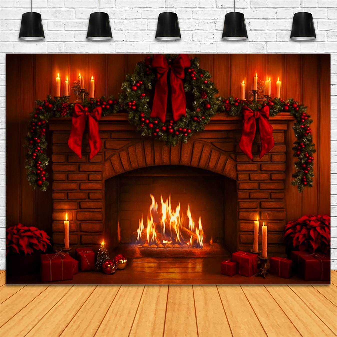 Fond avec nœud rose Guirlande rouge Lueur de cheminée Fond photo de Noël LXX510-140