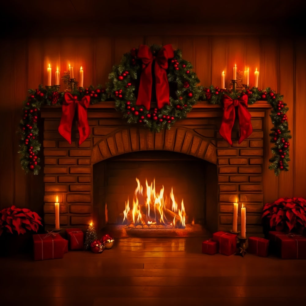 Fond avec nœud rose Guirlande rouge Lueur de cheminée Fond photo de Noël LXX510-140