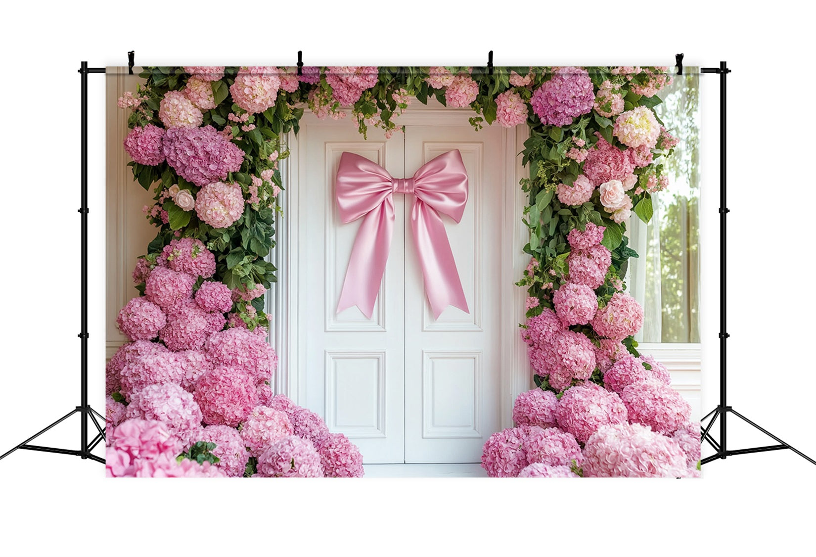 Fond avec nœud et hortensias roses, arche de fleurs pour porte LXX510-143