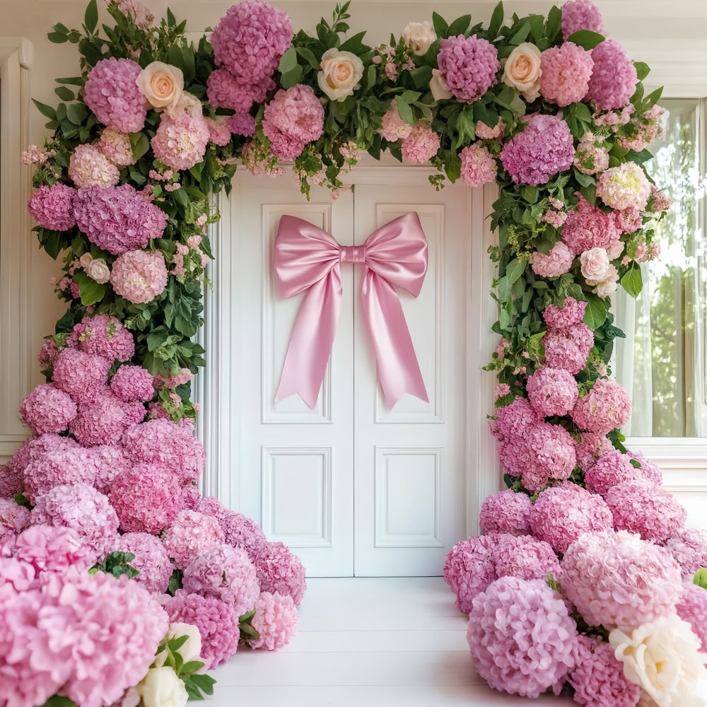 Fond avec nœud et hortensias roses, arche de fleurs pour porte LXX510-143
