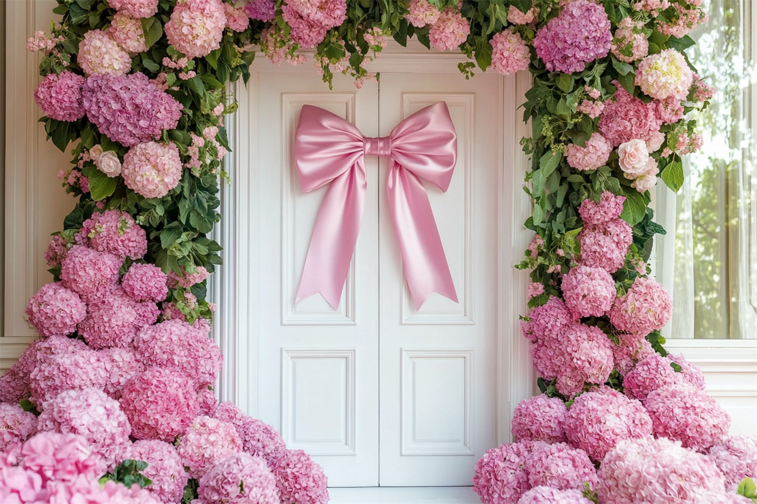 Fond avec nœud et hortensias roses, arche de fleurs pour porte LXX510-143
