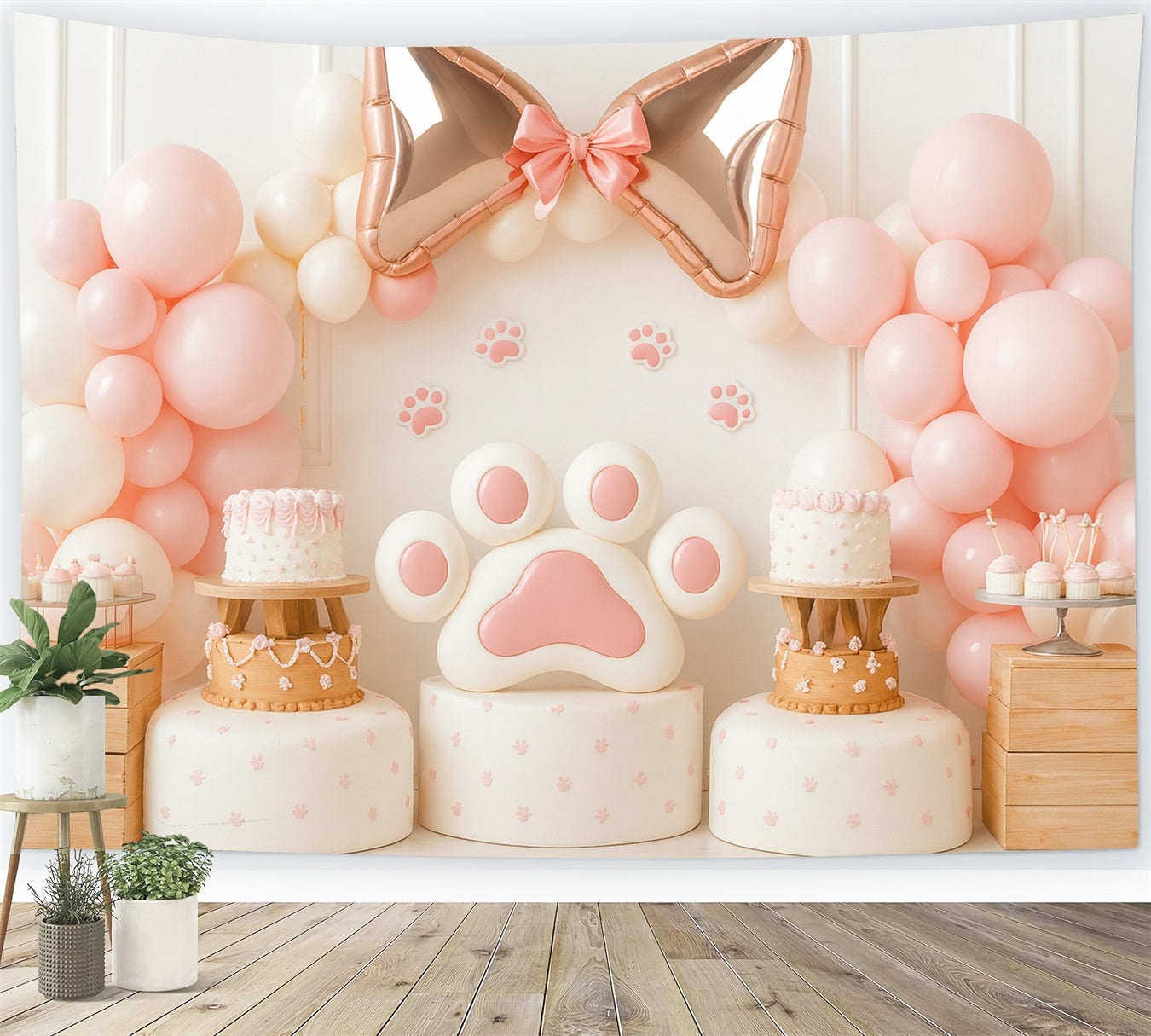 Fond avec nœud et ballons roses, fond pour gâteau d'anniversaire LXX510-144