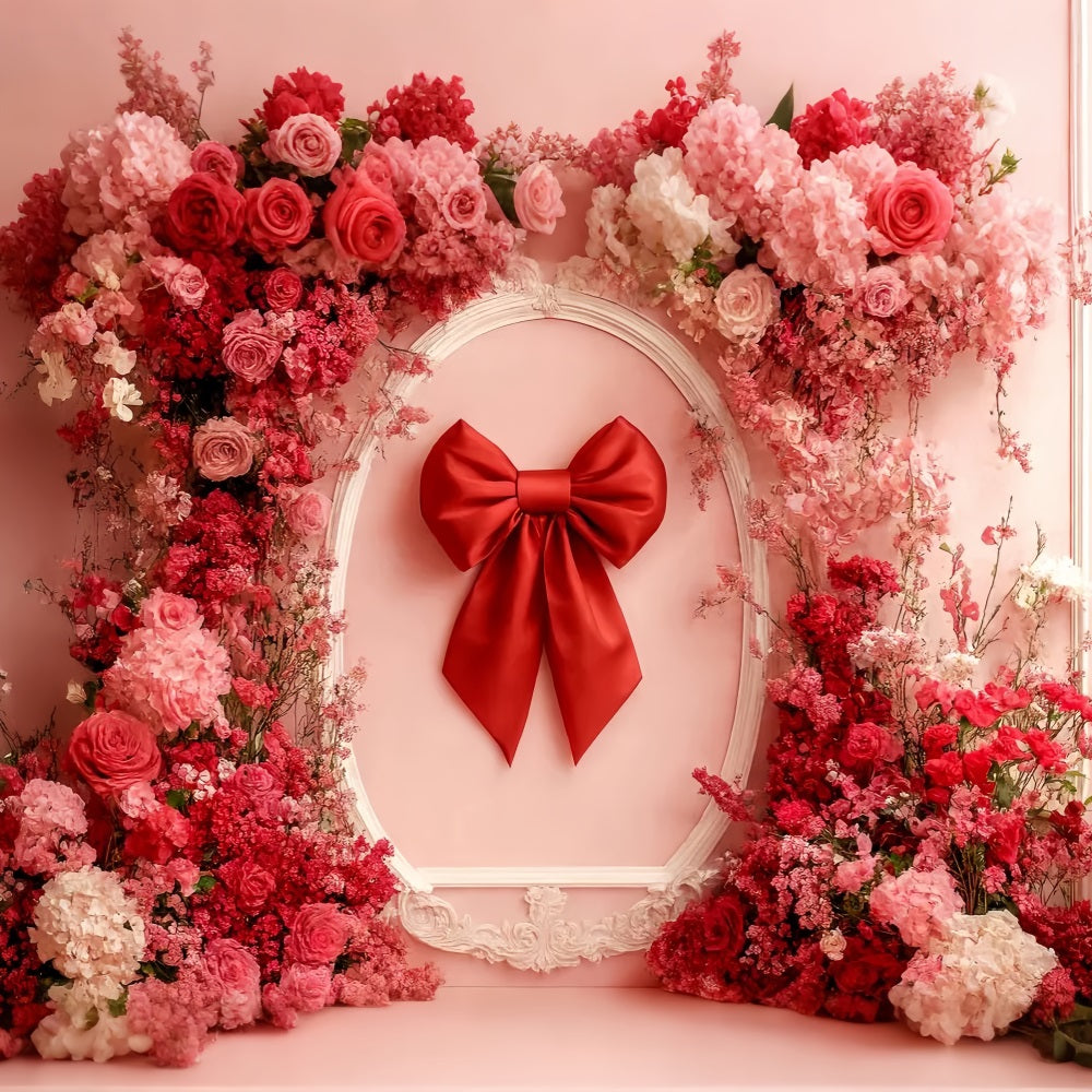 Fond avec nœud, fleurs rouges, cadre en ruban, fond floral LXX510-147