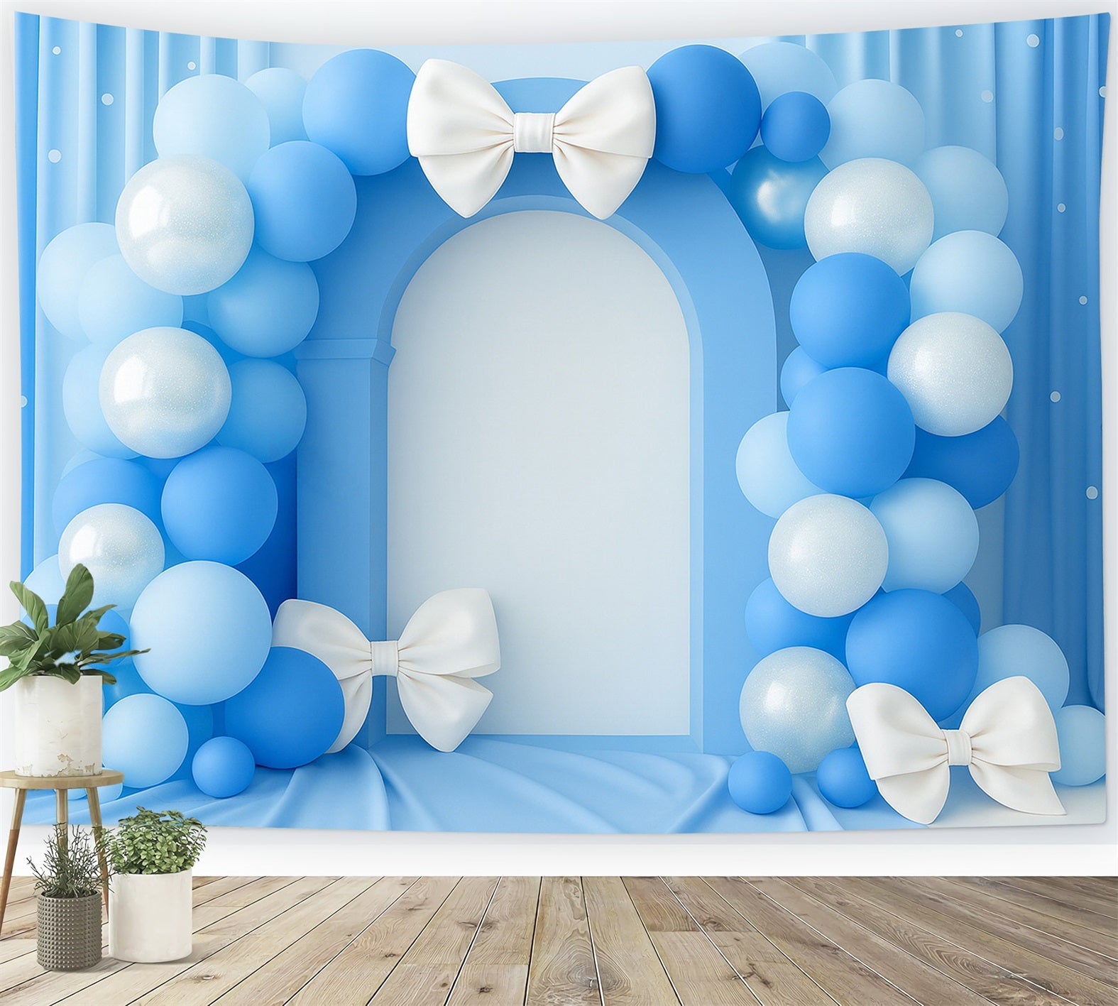 Fond avec nœud, arche de ballons bleus, fond élégant pour gâteau LXX510-149