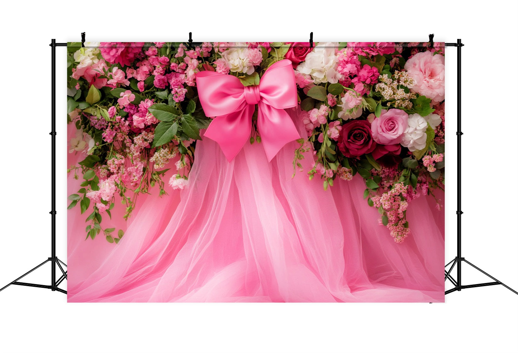 Grand fond avec nœud, fleurs roses, tulle, fond floral fantaisie LXX510-150