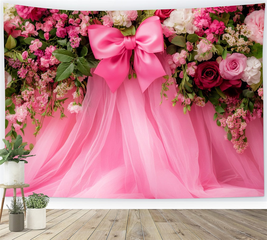 Grand fond avec nœud, fleurs roses, tulle, fond floral fantaisie LXX510-150