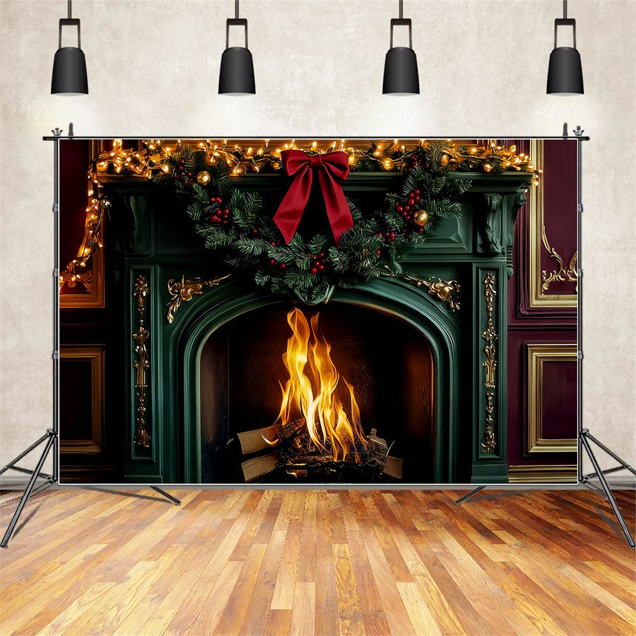 Fond avec nœud Cheminée émeraude Lumières de Noël Fond de Noël LXX510-151
