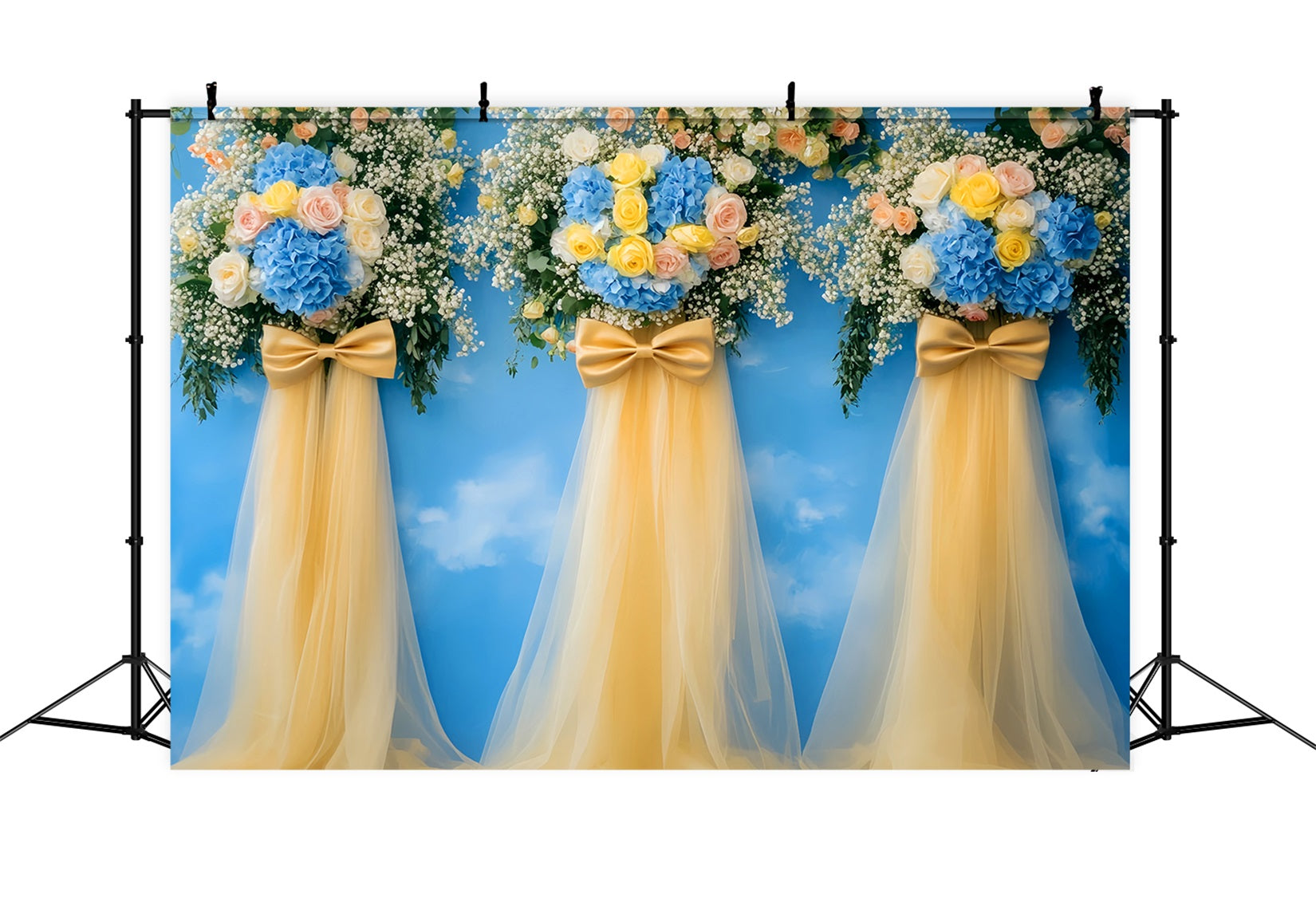 Fonds avec nœuds, ciel floral doré, fond de mariage élégant LXX510-162