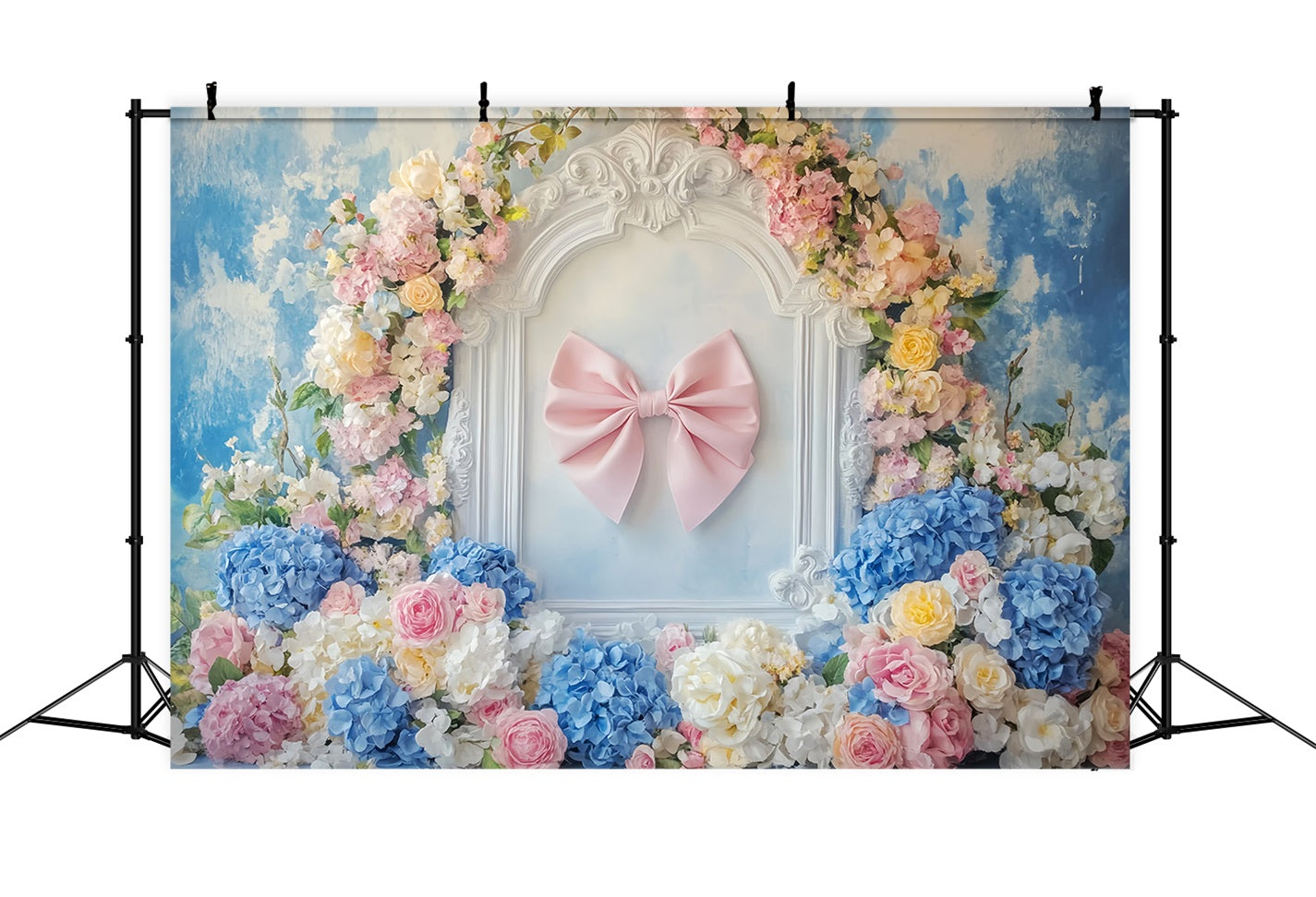 Toile de fond avec nœud rose Ruban rose Cadre floral Toile de fond florale LXX510-164