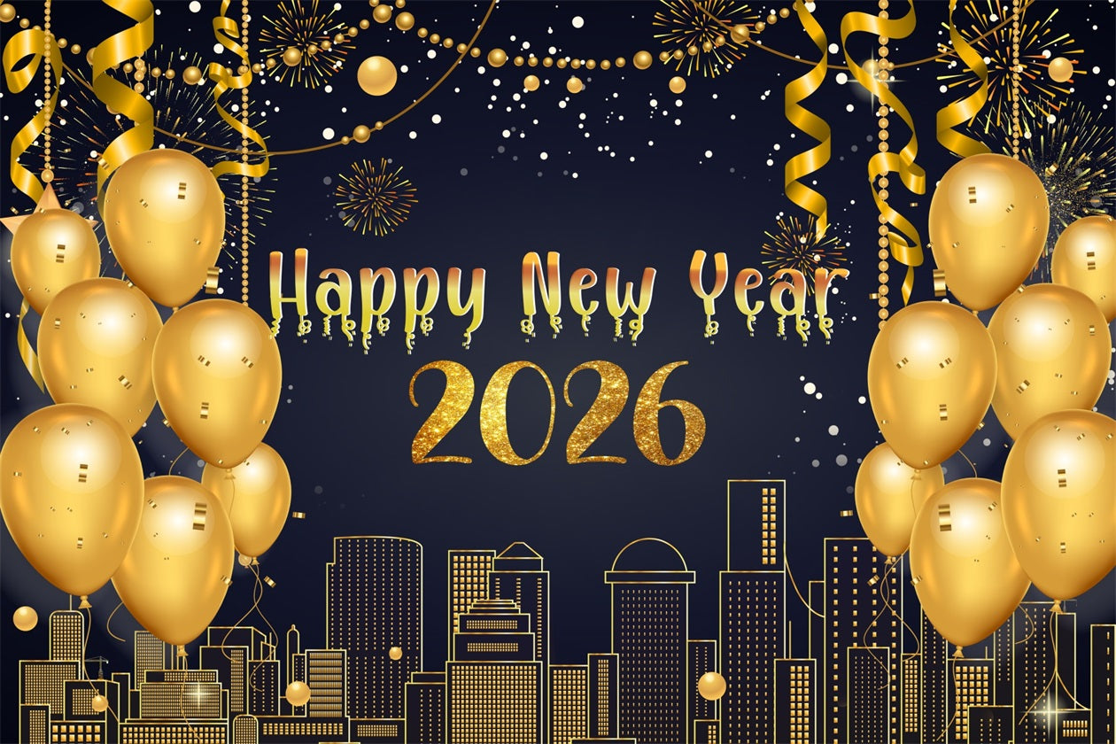 Fond « Bonne année » avec banderoles métalliques et horizon lumineux pour le Nouvel An LXX510-2