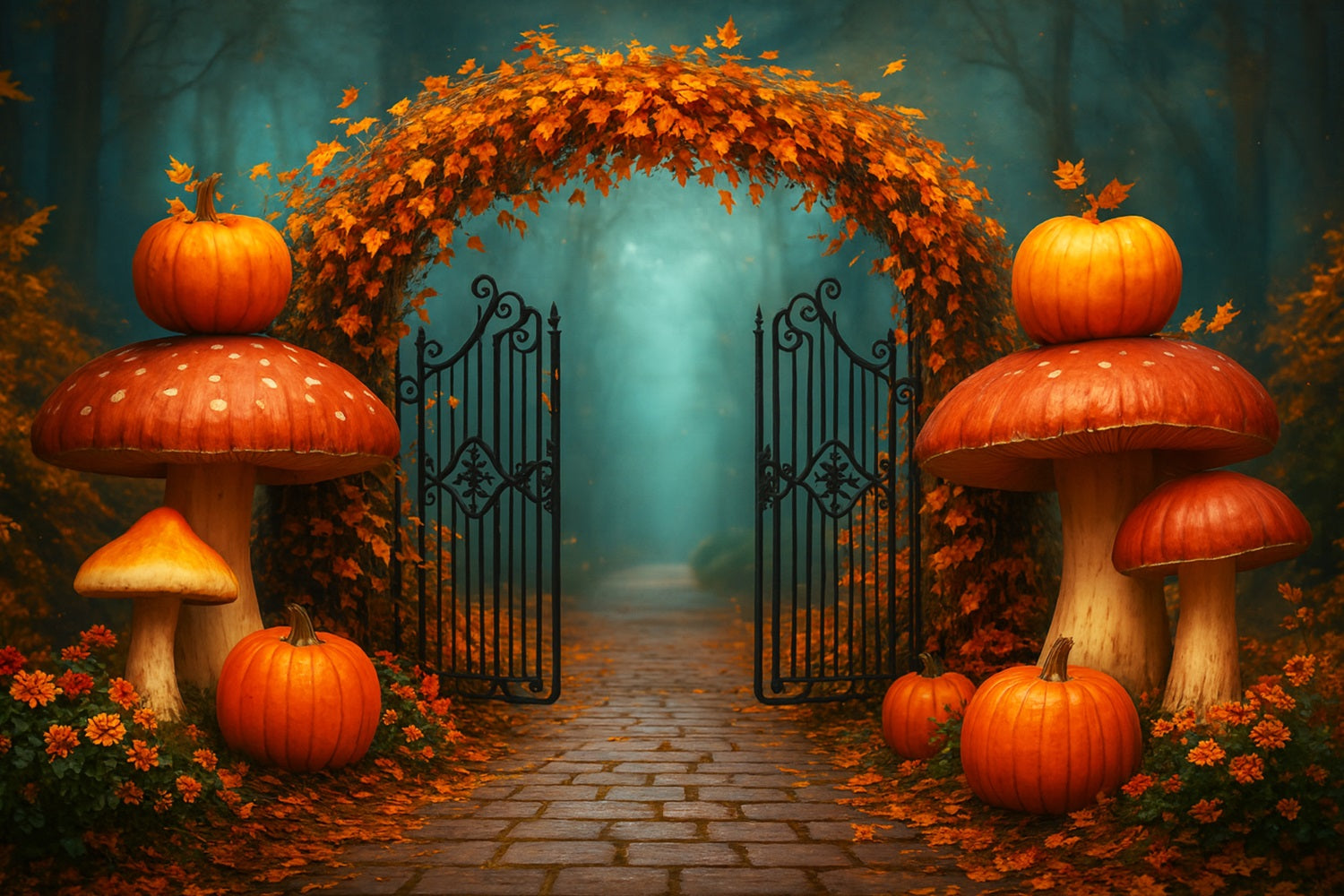 Fond porte citrouilles Arche d'érable Chemin forestier Fonds Thanksgiving LXX510-20