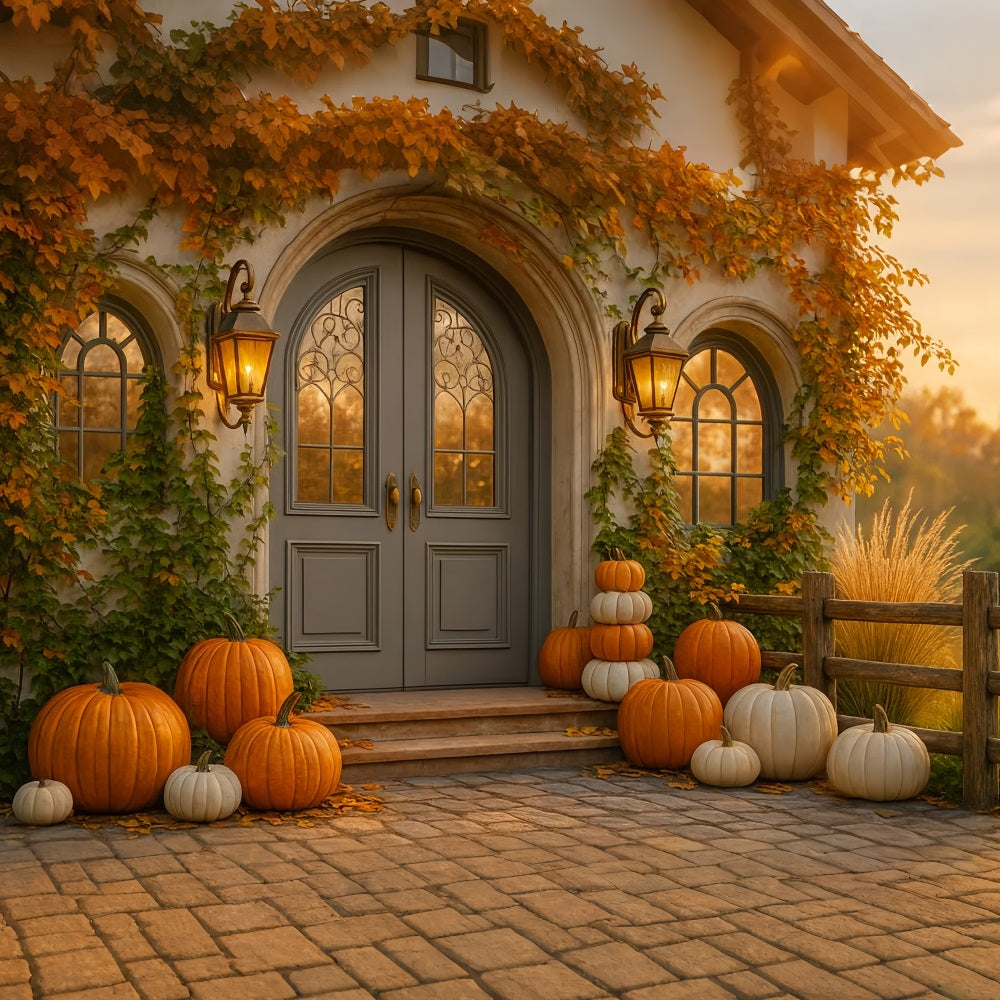Fond citrouille Porte de cottage Porche citrouille Fond Joyeux Thanksgiving LXX510-23