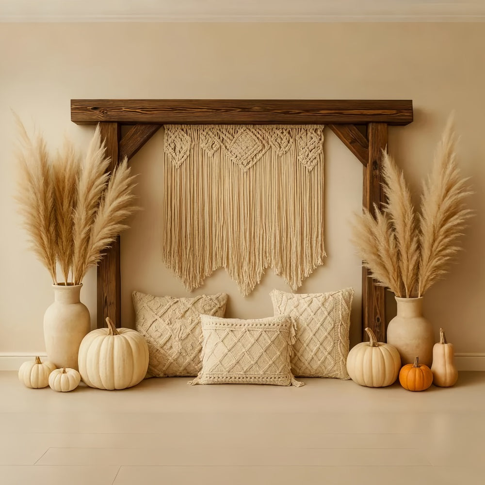 Fond photo citrouille Boho Pampas Coin douillet Fond Thanksgiving LXX510-24