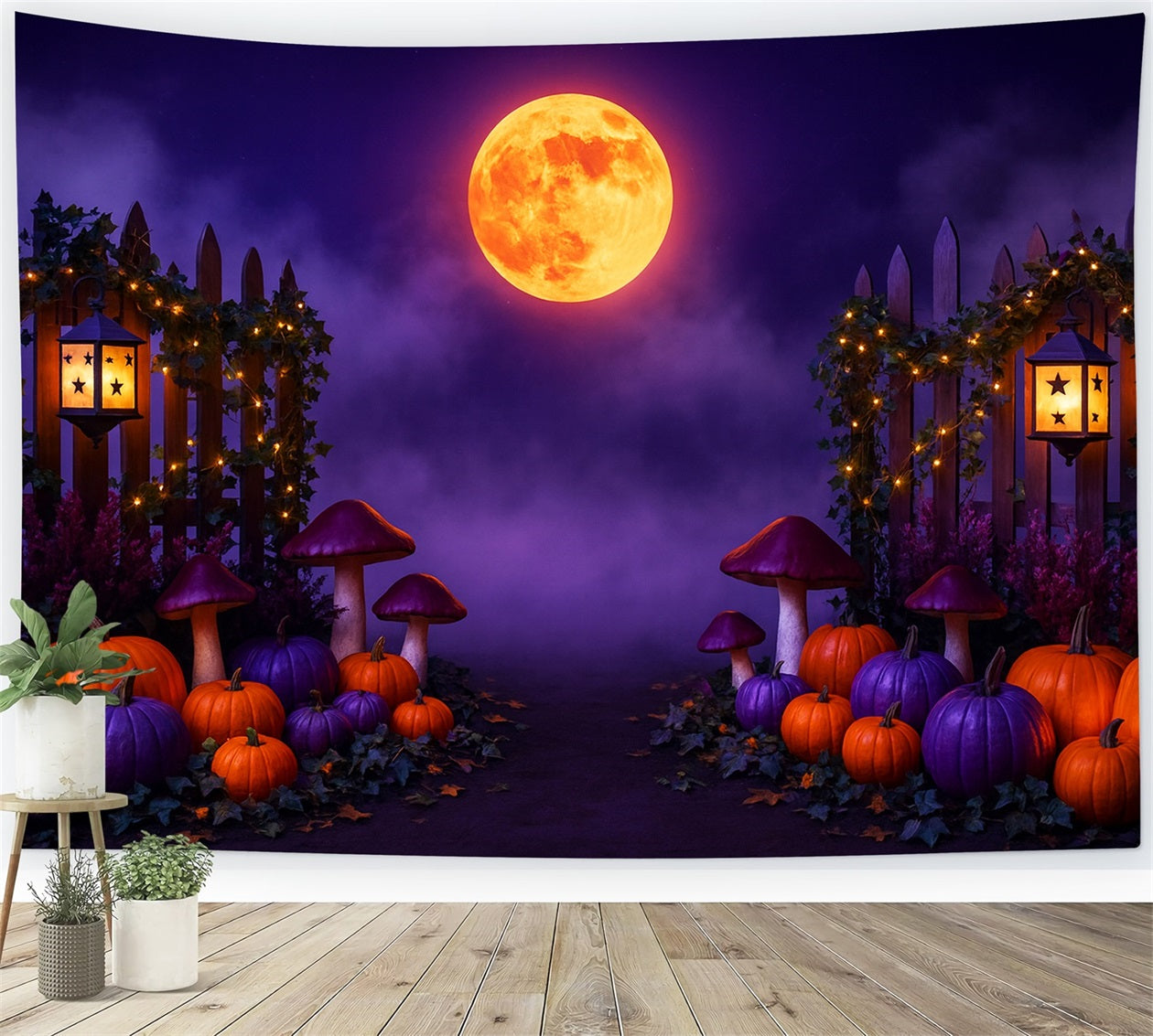 Fond citrouille Lune violette Chemin de citrouilles Fond Thanksgiving LXX510-30